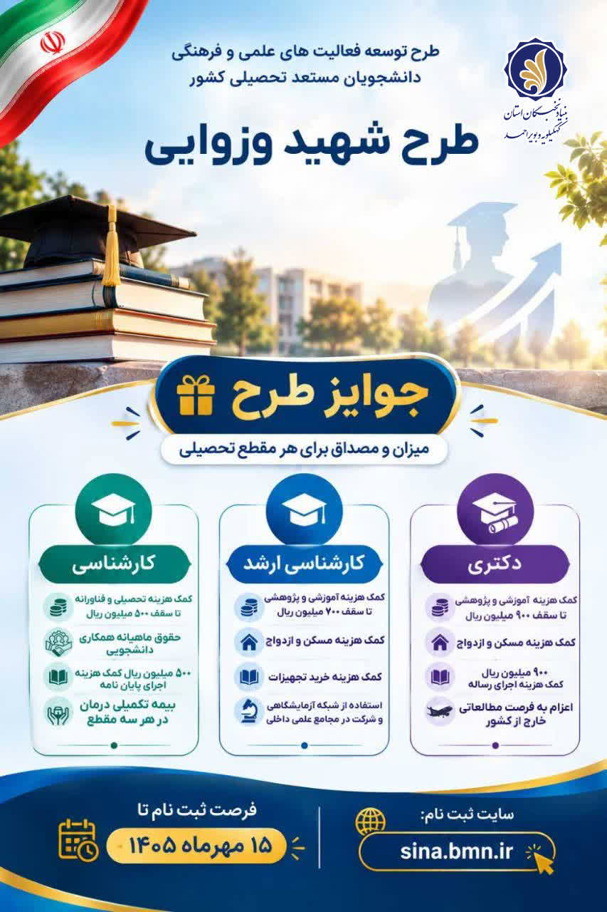 فراخوان ثبت‌نام تسهیلات طرح حمایت از دانشجویان مستعد تحصیلی (طرح شهید وزوایی)